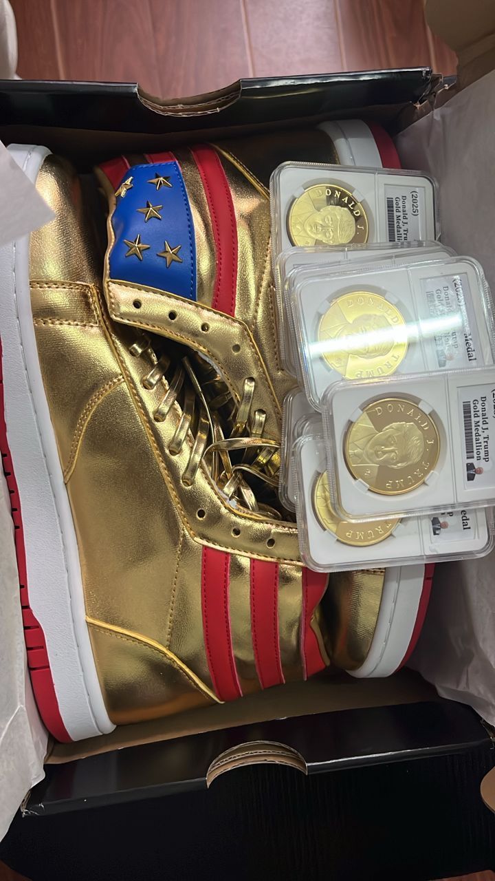 Trump High Top Sneakers +  10 x 2025 Gold Trump Coins  - Golden 47 President Bundle