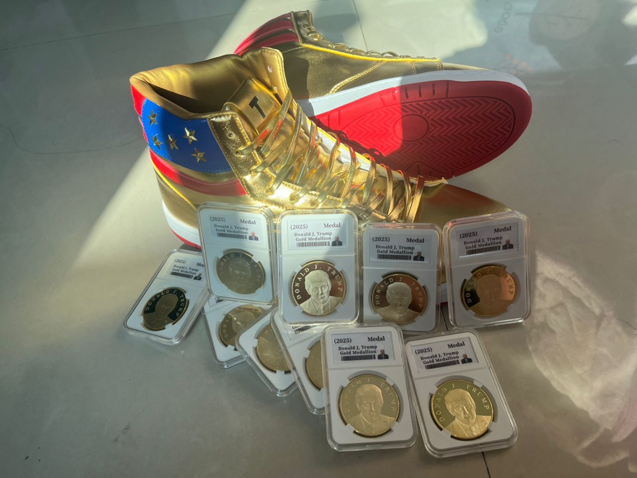 Trump High Top Sneakers +  10 x 2025 Gold Trump Coins  - Golden 47 President Bundle